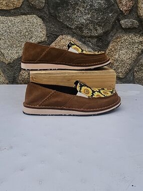 Ariat Brown Suede Slip-On Loafers with Yellow Sunflower Trim
